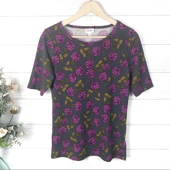 LULAROE Gray Purple Rose Pattern Tee Shirt Top - Picture 2 of 6